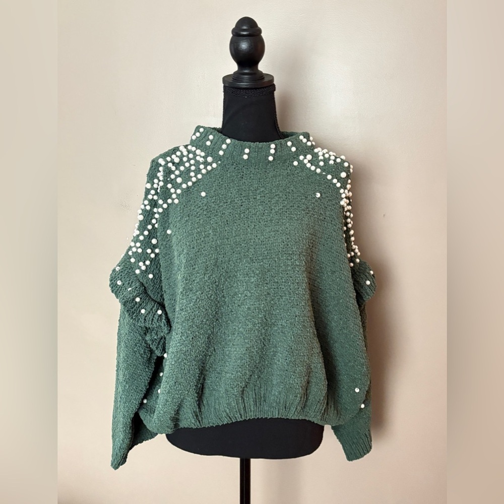 POL green chenille cropped sweater pearl embellished ruffle sleeves boho S EUC - Picture 8 of 15